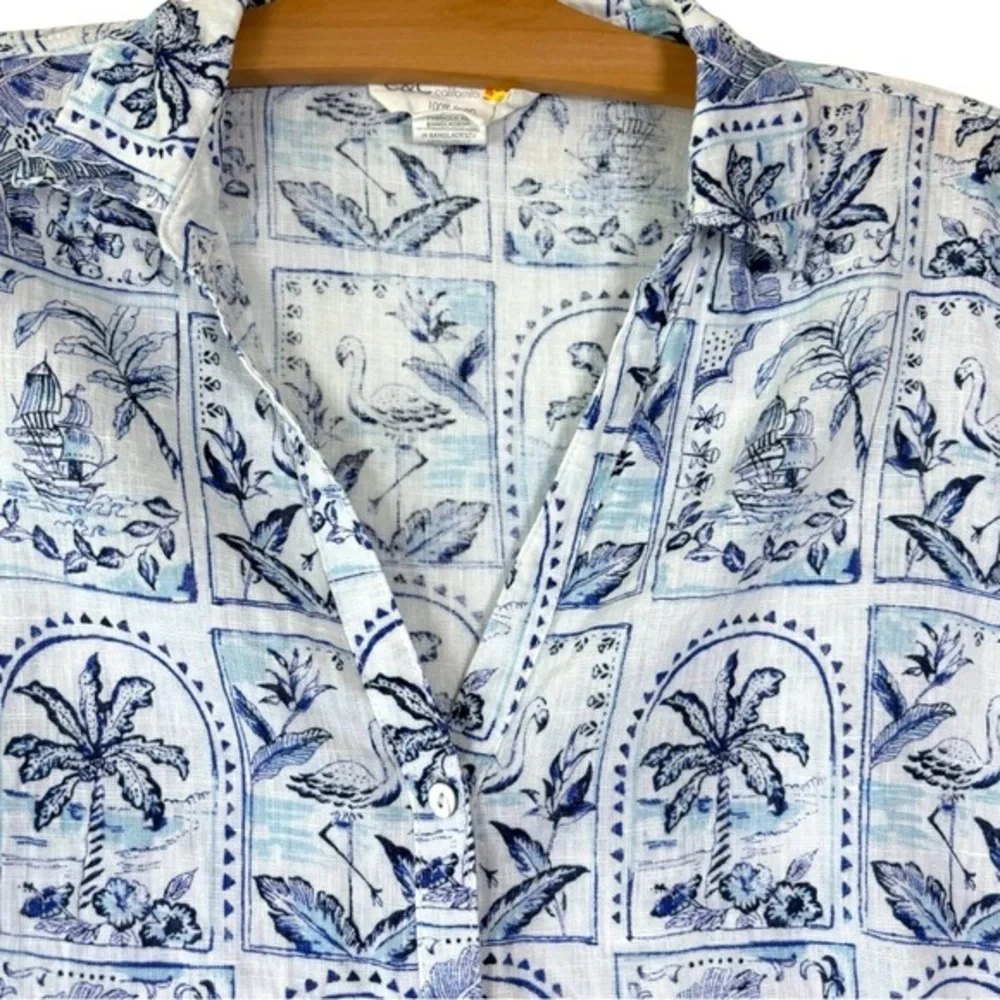 C&C California‎ Women’s M 100% Linen Button Up Nautical Print Long Sleeve Tunic - Picture 3 of 6
